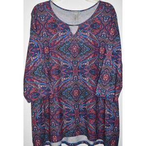 Catherines 2X Paisley Stretch Top 3/4 Sleeve Embellished Rhinestones VNeck Artsy